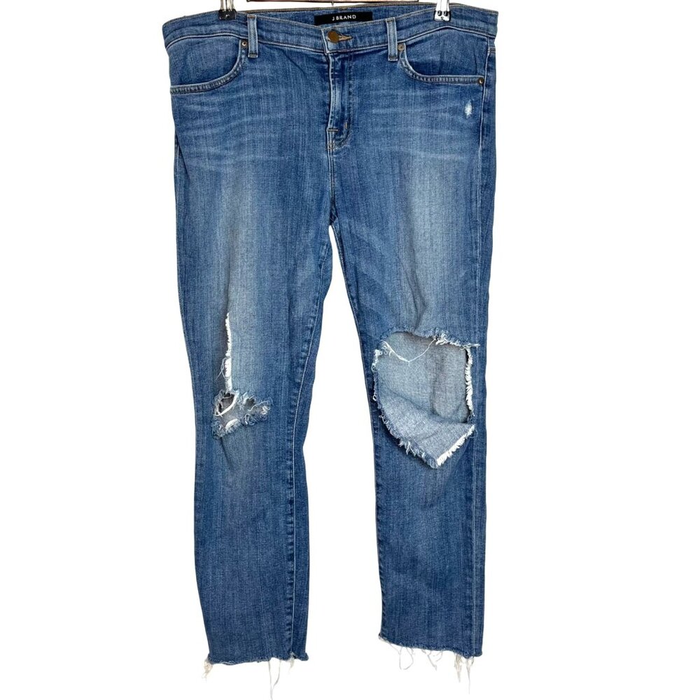 J. Brand Distressed Mid Rise Raw Hem Skinny Denim Blue Jeans Women's Size 32
